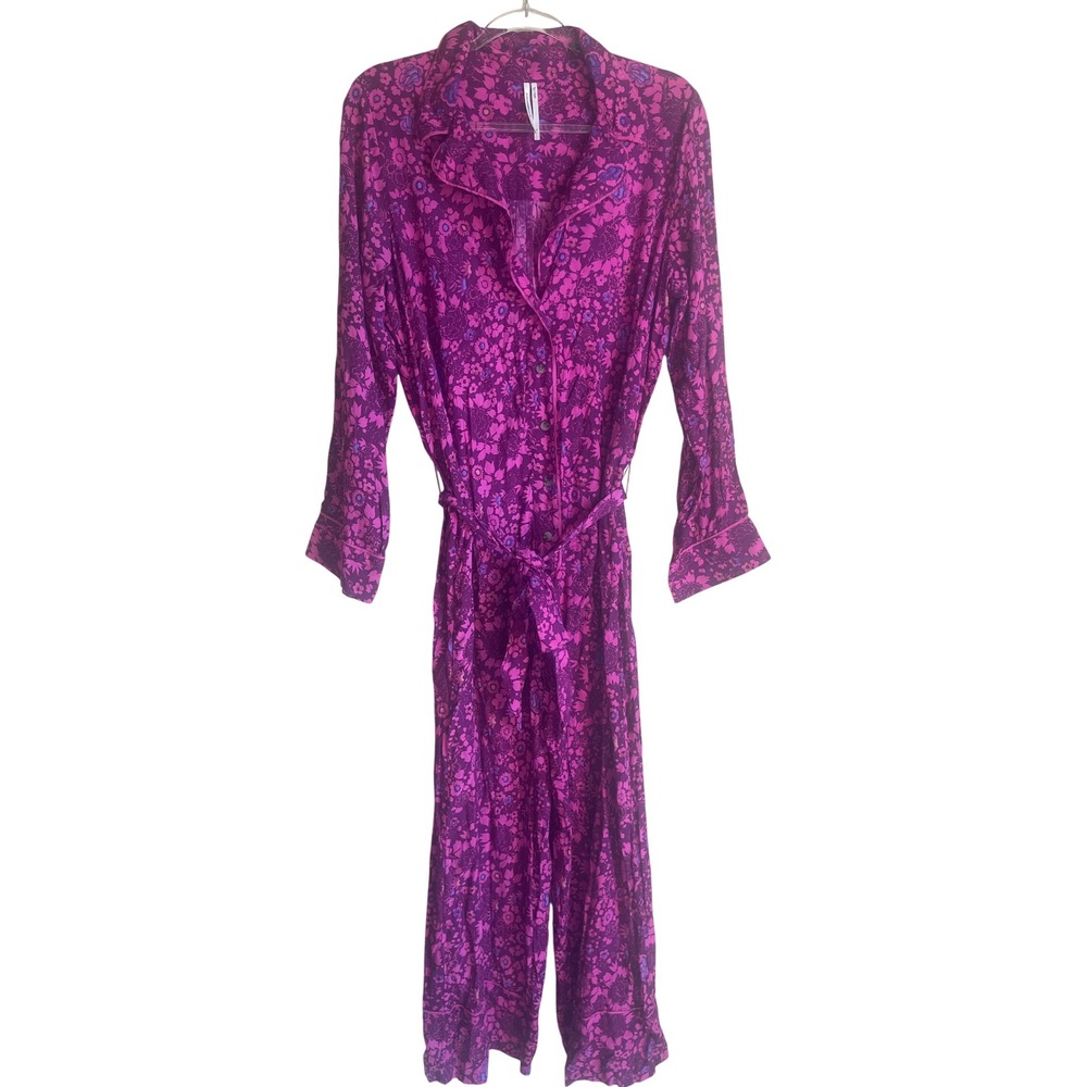 Anthropologie Floral Jumpsuit Womens Small Purple‎ Pink Long Sleeve Wide Leg
